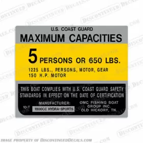 Cp-hs-1800cc-5 Discontinued Decals Fits Hydra-sports 1800cc 5 Person Boat Capacity Plate Decal